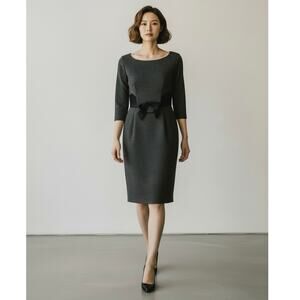 Milly of New York Dress Women Size Small Gray Italian Wool Black Bow 3/4 Sleeve